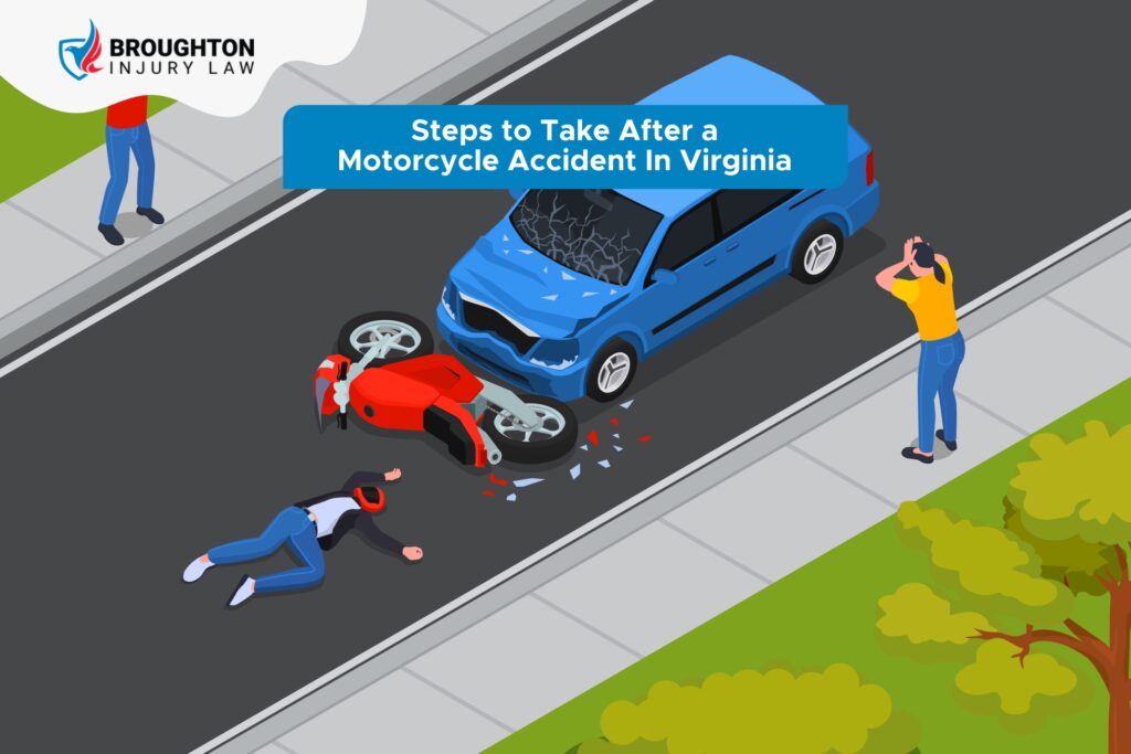 Illustration of motorcycle accident with rider injured on road after collision with car in Virginia