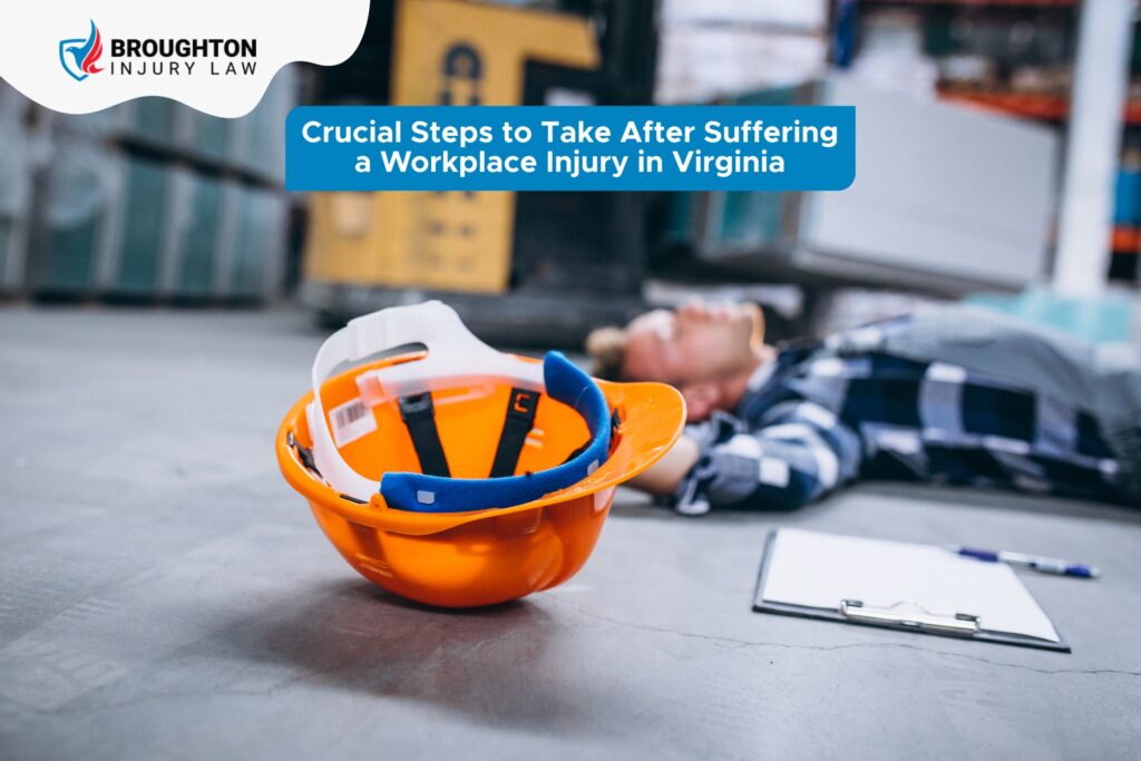 Injured worker lying on warehouse floor with safety helmet on ground, illustrating workplace injury in Virginia